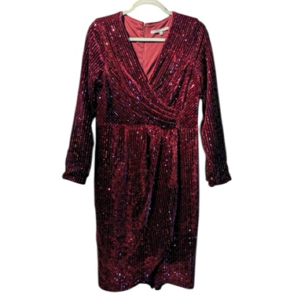 JULIA JORDAN Velvet Ribbing Foil Long Sleeve Dress Wine Red Faux Wrap, Size: 10 - Picture 5 of 8
